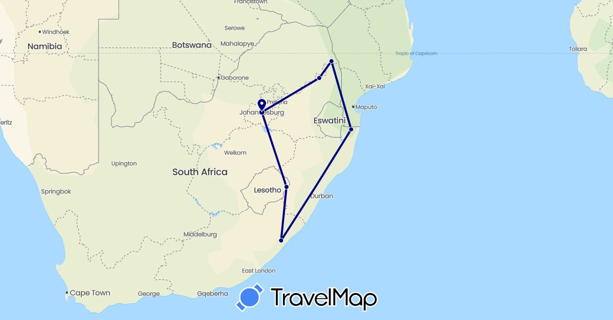 TravelMap itinerary: driving in Lesotho, South Africa (Africa)